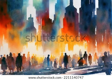 A crowd of people standing on the street of the modern city with  skyscrapers. Watercolor illustration