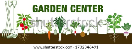 Banner for a garden center with various vegetable plantations and gardening tools.