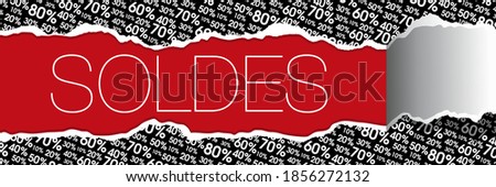 Banner like a poster with the design of percentage of price reduction is torn to reveal the word sales - english text, translation: sales.