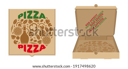 Box for the delivery of pizza, closed, top view and open, interior view, decorated with an illustration consisting of typographies and foods used to make the pizza. 