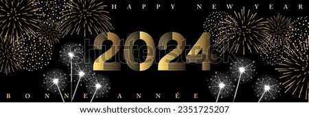2024 - Banner for the new year in an atmosphere of night parties with fireworks and sparklers - French and English text, translation: happy new year.