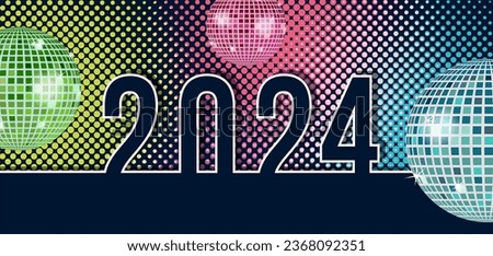 2024- bannière ou carte pour souhaiter la nouvelle année dans une ambiance joyeuse et disco année 80.