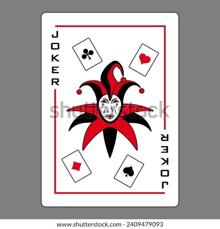 The joker playing card, symbolized by a jester's head surrounded by the 4 ace cards: hearts, clubs, diamonds and spades. standard poker size.