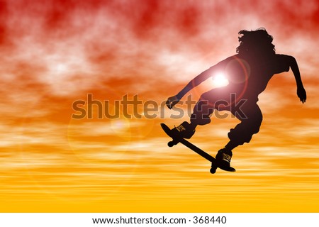 Teen boy Silhouette with skateboard jumping at sunset with lens flare.