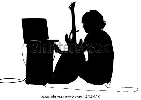 Silhouette over white with clipping path. Teen boy with guitar, amp, computer.