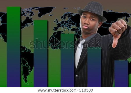 Businessman With Thumb Down Over Falling Graph Background.  Blue and green graph.
