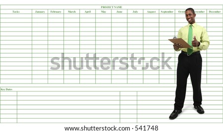 Man with thumbs up and smile standing with clipboard with Monthly Project Task Chart behind him.