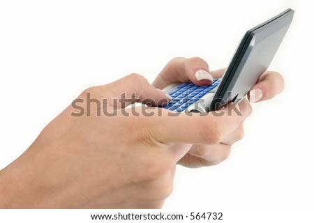Woman\'s hands on a text messenger against white background.  Messenger is an organizer, calendar, diary and notepad.