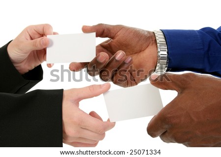 Caucasian female and African American male hands exchanging business cards.  Add text.