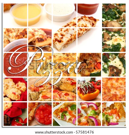Various pizza and pizza ingredient foods together in a collage.  Pizza, pizza sticks, pizza rolls, toppings, dip, pizza break, pizza boats.