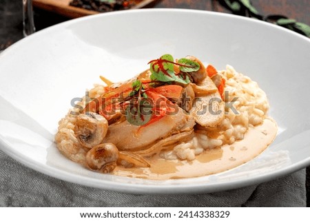 Similar – Image, Stock Photo Served chicken with mushrooms corn and greenery