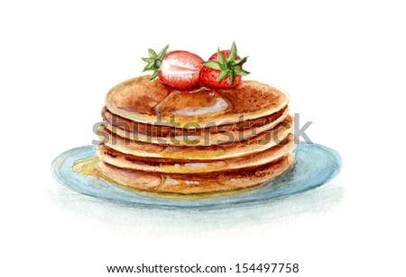 Watercolor Painting Pancakes with Strawberries and Maple Syrup