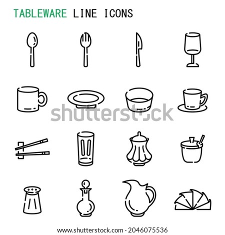 Tableware line icons,  Set of simple various tableware sign line icons, Cute cartoon line icons set, Vector illustration, Various tableware related line icons 