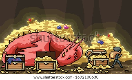 vector pixel art scene dragon treasure