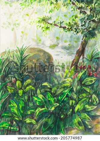 watercolor painting lake green forest