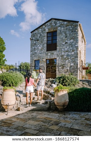 Agriturismo bed and breakfast at Sicily Italy, beautiful historical old farm renovated as BB Sicilia, a couple on vacation at Sicilian luxury agriturismo Foto d'archivio © 