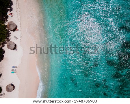 Playa Kalki Curacao tropical Island in the Caribbean sea, Aerial view over beach Playa Kalki on the western side of Curacao Caribbean Dutch Antilles azure ocean