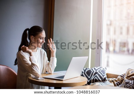 Similar – Foto Bild Zufriedene Frauen unterhalten sich beim Abendessen auf der Terrasse