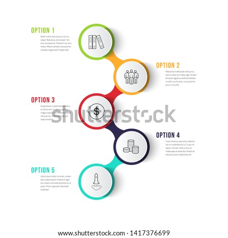 Business infographics desing template with icons and 5 steps. Can be used for workflow layout, diagram, annual report, web design.