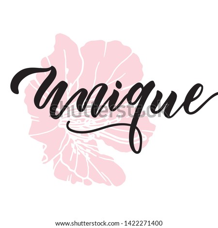 Unique brush lettering design with pink hand drawn tropical flower. Vector illustration of 