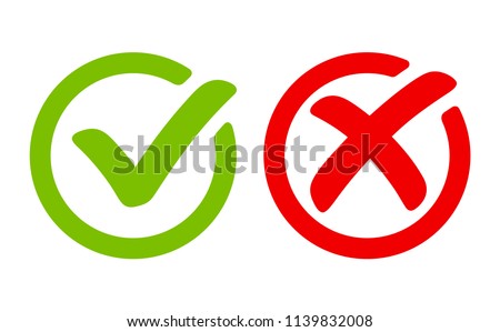Green tick symbol and red cross sign in circle. Icons for evaluation quiz. Vector.