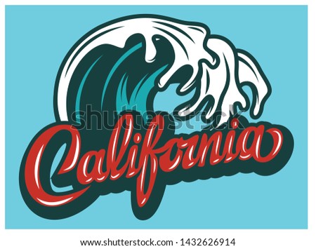 Illustration with calligraphic lettering California and palm trees.