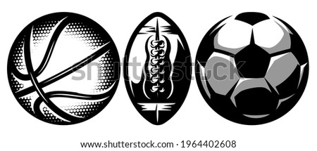 Set of stylish sports balls for soccer, basketball and american football.