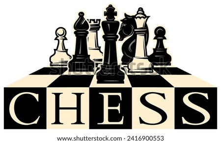 Stylish design template made of white and black chess pieces arranged on a chessboard. Set of elements for design.