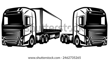 Illustration of a truck and trailer. Vector monochrome Template for badge design.