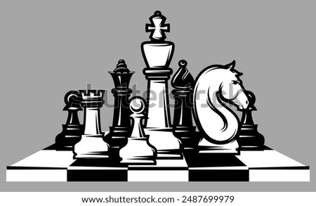 A composition of chess pieces randomly placed on a board. Template for design, set of elements.