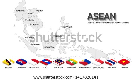 ASEAN ( Association of Southeast Asian Nations). Map and nation flags of all members in 3 D rectangle style with shadow. Light grey background. Artwork for ASEAN and Southeast Asia countries.