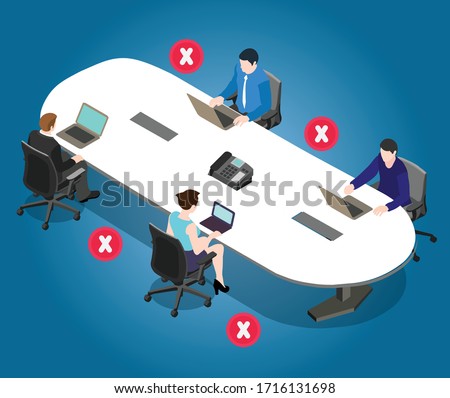 Social distancing poster for meeting room in office. Office employees are maintain social distance board room. Awareness image for precautions of covid-19 coronavirus.  