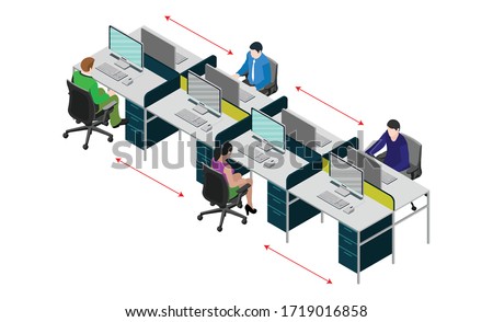 Social distancing at office workstation. Employees are working together on desk with maintaining distance for covid 19 virus. Vector illustration of workstation signage.