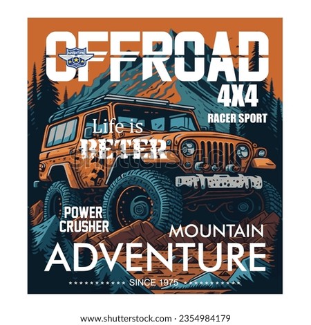 off road jeep  4X4 mountain adventure design graphic for illustration, t shirt, vector art, vintage