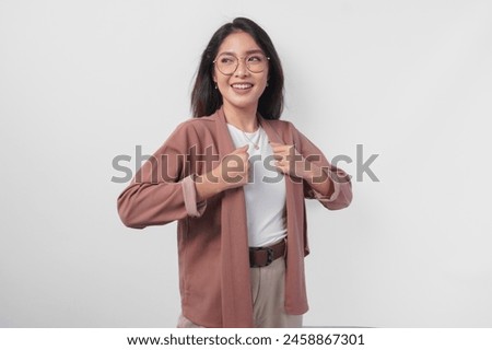 Image, Stock Photo Woman in stylish outfit leaning on handrail at staircase