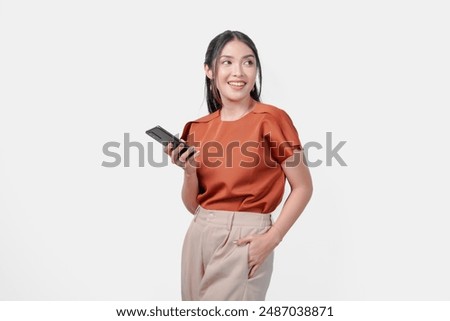 Similar – Image, Stock Photo Happy Asian woman browsing smartphone near car