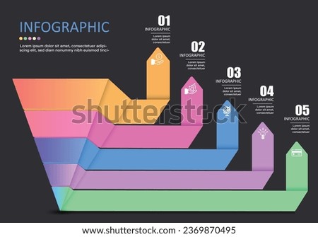 Vector infographic on a gray-black background,inverted triangles divided into 5 layers,with 5 directional arrows showing 5 numbers, steps for presentations in education,finance,banking and management.