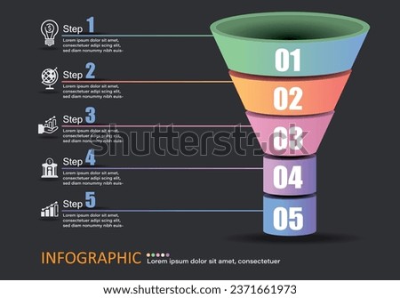 Vector infographic placed on a gray-black background, modern style, a water-filled cone with 5 layers to present education, finance, banking and management, work guidelines, steps, job trends.