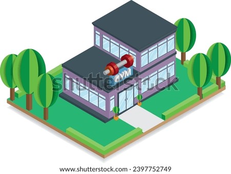Insometric vector is a building that is a sports club or fitness center on a white background with the word gym and a red dumbbell placed on top to better represent the exercise facility.