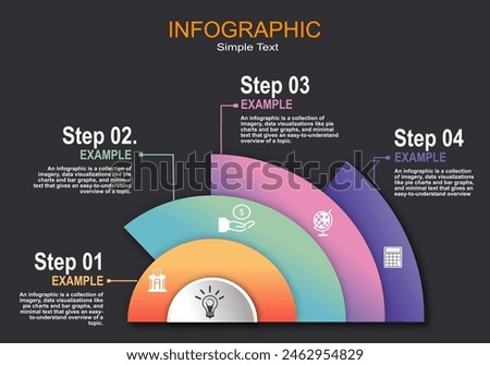 Semicircular infographic vector with 4 layers to show descriptions, space for text on a gray-black background for presentations, financial reports, management, education, planning, timelines.