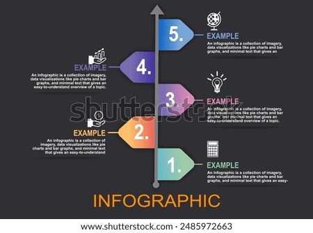 Vector infographic with five arrows and straight lines set in modern style, showing steps in developing a timeline for a presentation on education, finance, banking, management, planning, marketing.