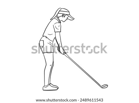 Vector hand drawn black lines on a white background, clearly separated image of a female golf athlete with her hair tied up and wearing a hat, doing a golfing pose, physical exercise,outdoor activity.