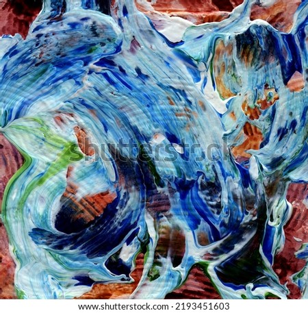 Acrylic liquid structure. Contemporary art. Abstract painting in orange and blue. Unique performance. For presentations, advertising, banners.