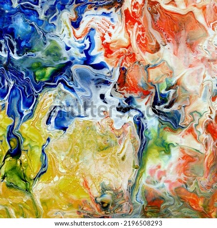 Acrylic liquid structure. Contemporary art. Abstract painting, mixed orange blue and yellow texture. Unique performance. For presentations, advertising, banners.