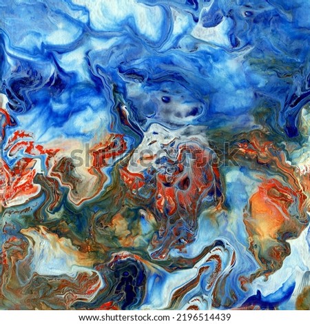 Acrylic liquid structure. Contemporary art. Abstract painting, mixed blue-red texture. Unique performance. For presentations, advertising, banners.