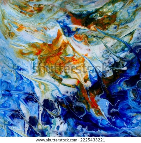 Unique performance. Conceptually Abstract shattered painting with acrylic and palette knife on canvas. Painting with liquid acrylic, yellow-blue texture. For advertising, business cards, banners, webs