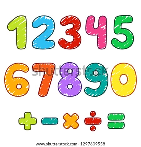 Numbers and mathematical signs, pencil crayon, children's colouring, vector, set, illustration.