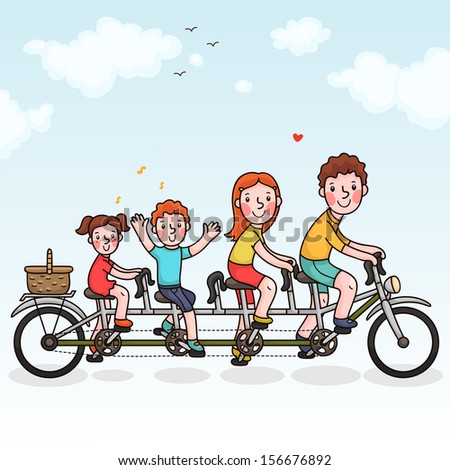 Family tandem bicycle. Happy family. Summer time.