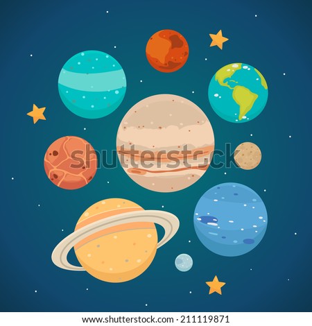 Planets: Saturn, Mars, Neptune, Earth, Venus, Mercury, Jupiter, Uranus, Pluto. Vector.