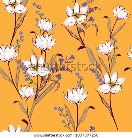Floral seamless pattern blooming white flowers Botanical  Motifs scattered random. Seamless vector texture. Elegant template for fashion prints. Printing with in hand drawn style on orange.